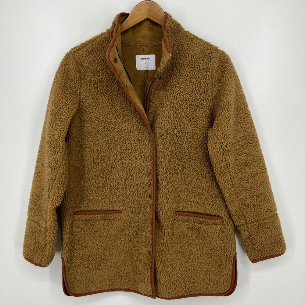 Old Navy Sherpa Coat Women's Size S Brown Button Snap Zip Outerwear Oversized